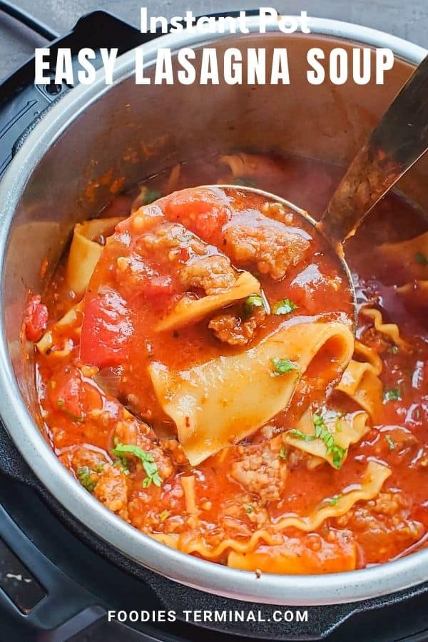 lasagna soup in a ladle from the instant pot