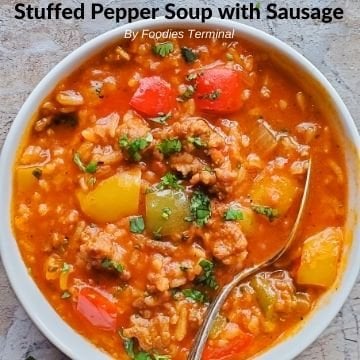 Instant Pot stuffed bell pepper soup in a white bowl garnished with parsley