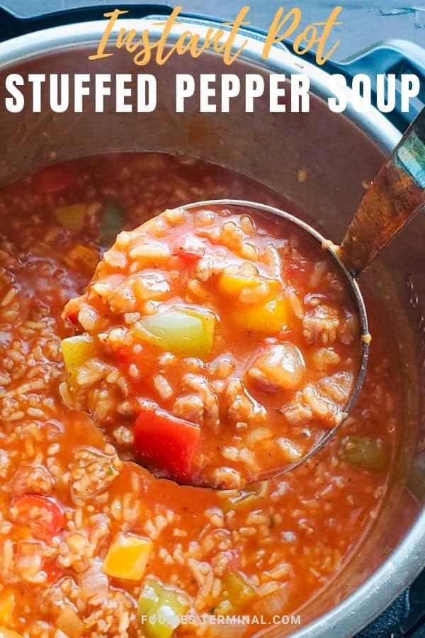 stuffed bell pepper soup in a ladle from the instant pot