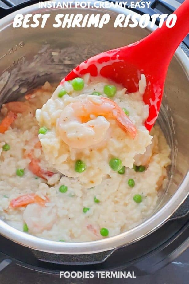 Risotto shrimp on a red ladle scooped out from the instant pot