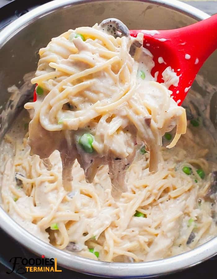 instant pot chicken and mushroom tetrazzini on a red ladle above instant pot