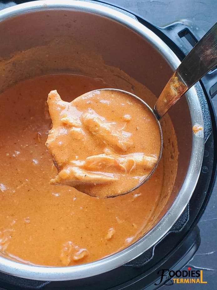 chili's chicken enchilada soup in a ladle scooped from instant pot