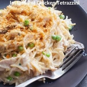 chicken tetrazzini instant pot recipe on a black plate & garnished with butter toasted bread crumbs