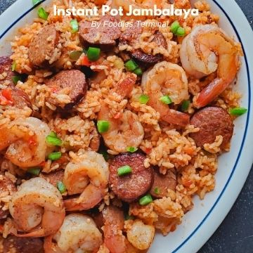 instant pot jambalaya shrimp sausage served in a white plate
