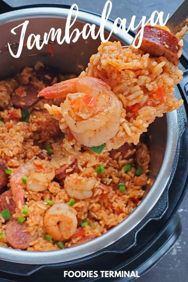 creole jambalaya in a ladle scooped from instant pot