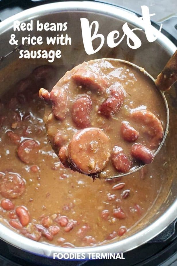 easy instant pot red beans and rice with andouille sauge in a ladle