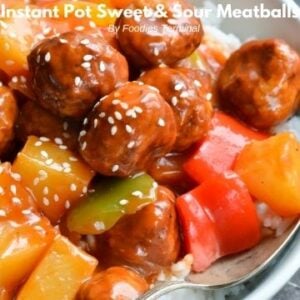 instant pot sweet and sour meatballs with pineapple on top of white rice