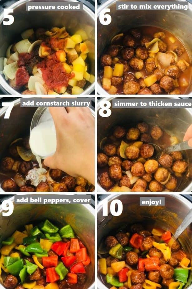 thickening sauce and adding bell peppers in instant pot with cooked sweet and sour meatballs