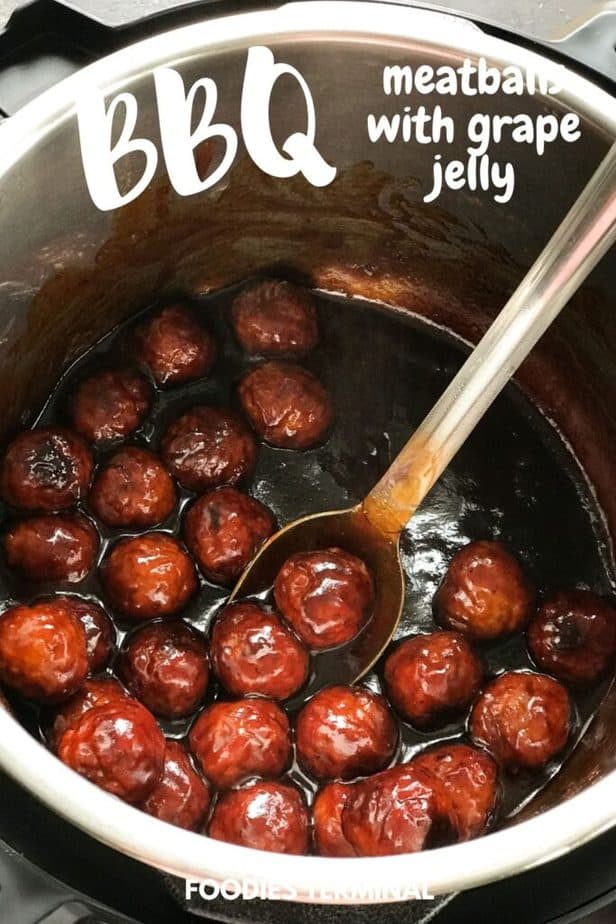 grape jelly bbq sauce frozen meatballs in instant pot with a steel ladle