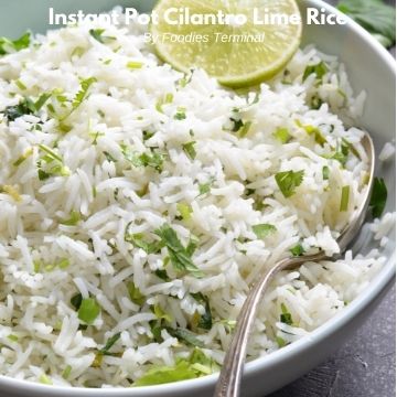 chipotle cilantro lime rice in a light blue plate with a spoon and lime