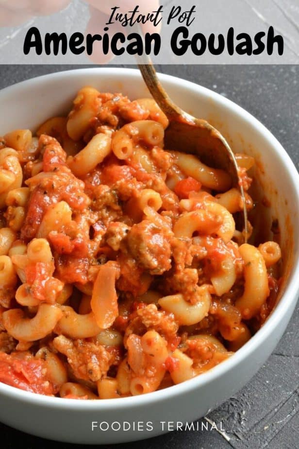 easy instant pot american goulash in a white bowl with a spoon