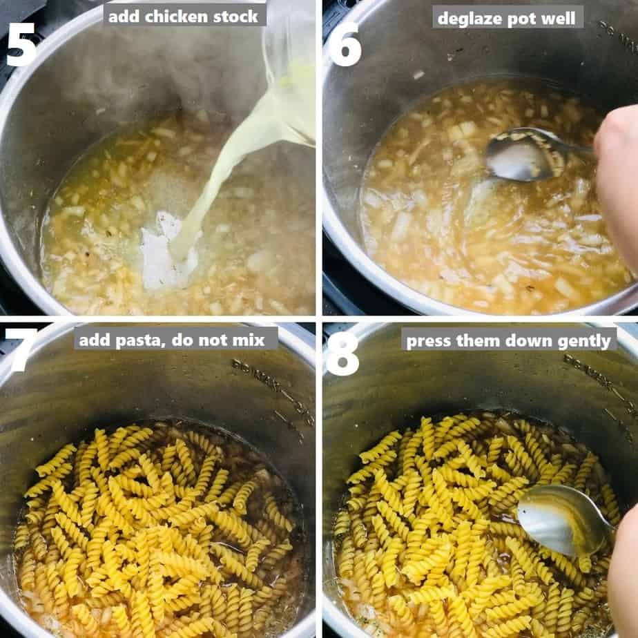 deglazing pot and layering pasta in instant pot with a steel ladle