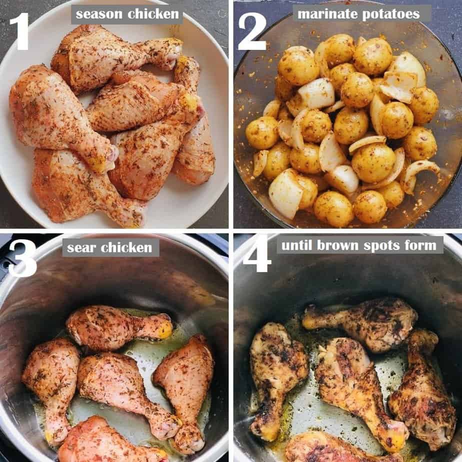 marinated chicken drumsticks and baby potatoes and searing the chicken