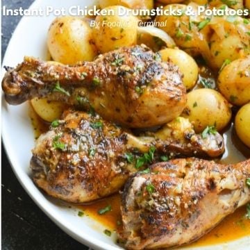 pressure cooked chicken drumsticks and baby potatoes served in a white plate