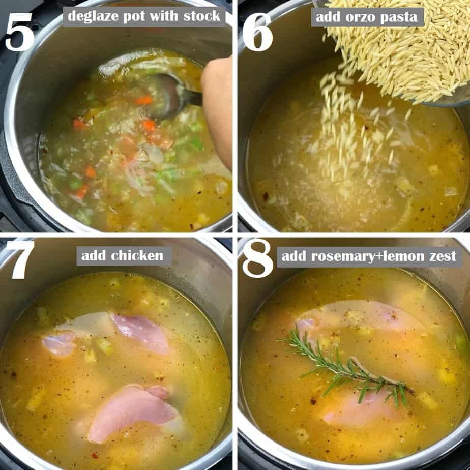 deglazing pot, adding orzo pasta and chicken in instant pot