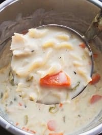 best instant pot creamy chicken noodle soup in a ladle