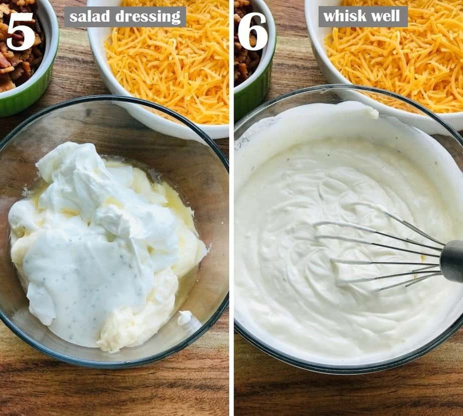 making creamy salad dressing in a clear bowl with a whisk