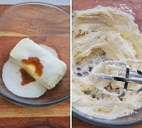 beating cream cheese, vanilla, sugar in a clear bowl with hand mixer