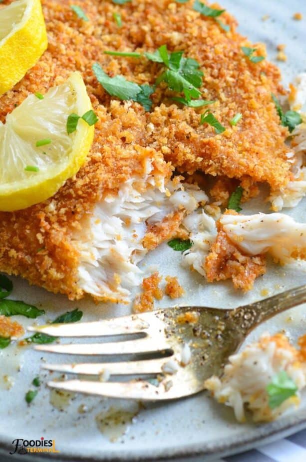 parmesan crusted air fryer tilapia on a grey plate garnished with lemon & parsley & broken with a fork