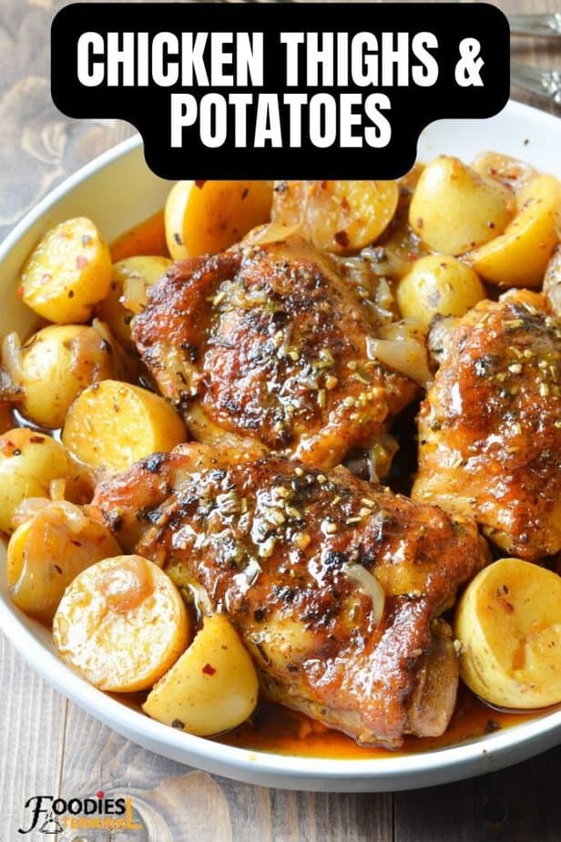 one pot chicken thighs and potatoes served in a white bowl