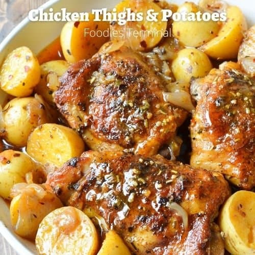 instant pot chicken thighs and potatoes on a white plate