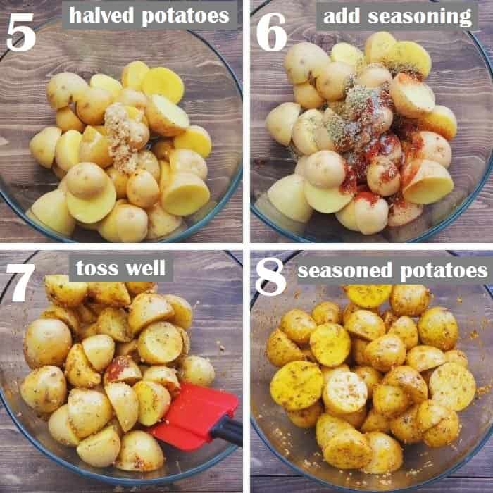 seasoning baby gold potato halves in a clear bowl