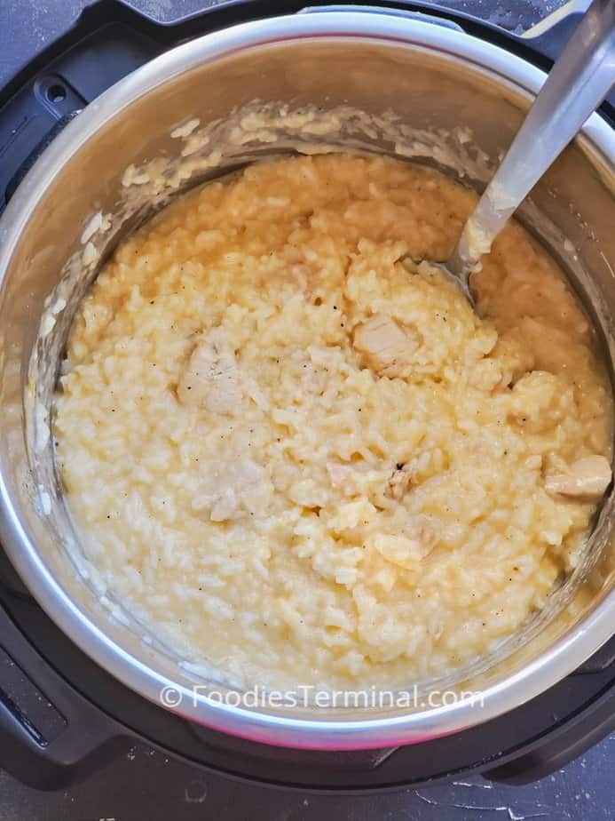 one pot creamy chicken and rice in instant pot with a steel ladle