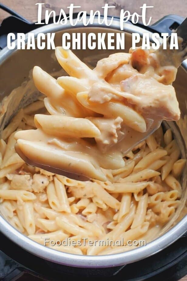 creamy crack chicken pasta in a ladle being lifted from instant pot