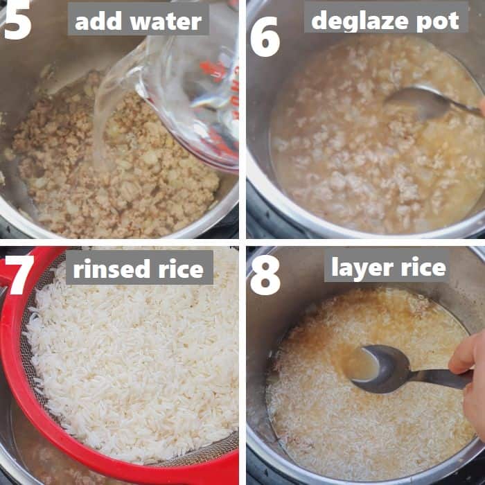 deglazing pot and layering rinsed rice on top of the browned meat