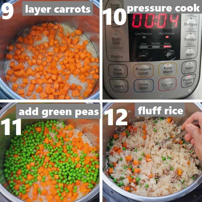 pressure cooking ground pork fried rice and fluffing the cooked rice with a fork