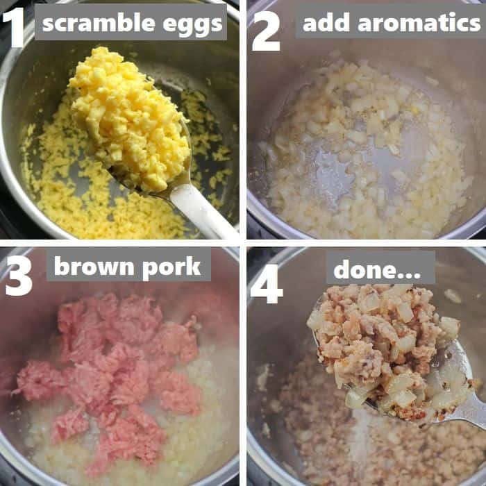 browning ground pork and scrambling eggs
