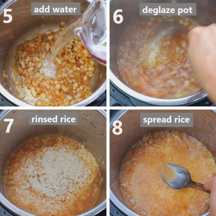 deglazing pot and spreading out rinsed rice in the instant pot with the help of a steel spatula