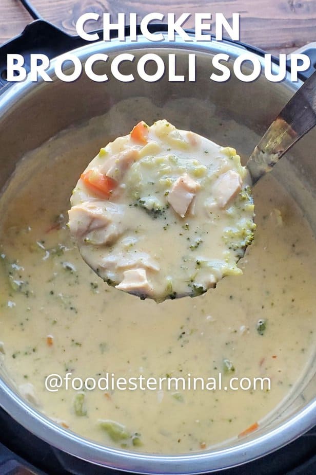 chicken broccoli soup in a ladle
